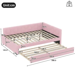 Lit gigogne 140x200 cm avec tiroir, lampe intégrée et ports USB Type-C - 2 couchages gain de place - imitation laine rose