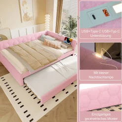 Lit gigogne 140x200 cm avec tiroir, lampe intégrée et ports USB Type-C - 2 couchages gain de place - imitation laine rose