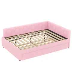 Lit gigogne 140x200 cm avec tiroir, lampe intégrée et ports USB Type-C - 2 couchages gain de place - imitation laine rose