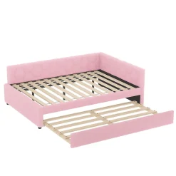 Lit gigogne 140x200 cm avec tiroir, lampe intégrée et ports USB Type-C - 2 couchages gain de place - imitation laine rose