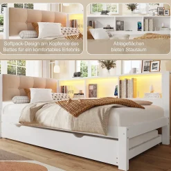 Lit gigogne 90x200 cm avec tiroir, étagère, bande LED et port USB - 2 couchages gain de place - pin et MDF blanc - sans matelas