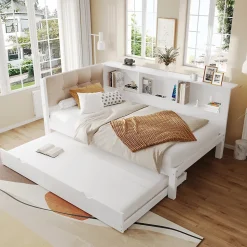 Lit gigogne 90x200 cm avec tiroir, étagère, bande LED et port USB - 2 couchages gain de place - pin et MDF blanc - sans matelas