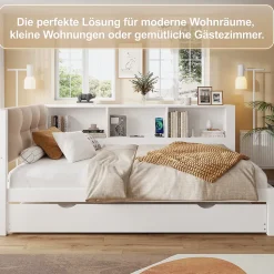 Lit gigogne 90x200 cm avec tiroir, étagère, bande LED et port USB - 2 couchages gain de place - pin et MDF blanc - sans matelas