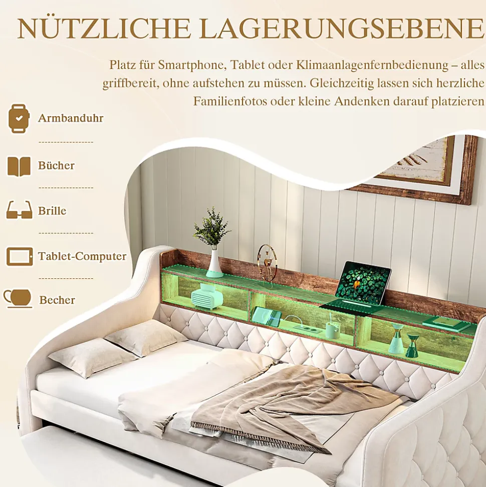 Lit Gigogne 90x190 cm Beige avec Rangement Intégré, Éclairage LED et Port USB, Tissu Velours