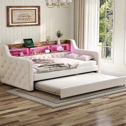 Lit Gigogne 90x190 cm Beige avec Rangement Intégré, Éclairage LED et Port USB, Tissu Velours