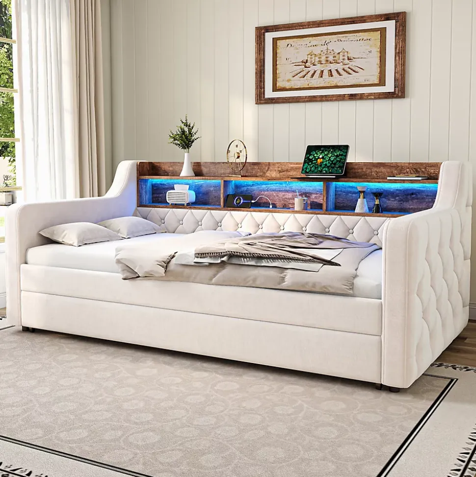 Lit Gigogne 90x190 cm Beige avec Rangement Intégré, Éclairage LED et Port USB, Tissu Velours