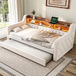 Lit Gigogne 90x190 cm Beige avec Rangement Intégré, Éclairage LED et Port USB, Tissu Velours