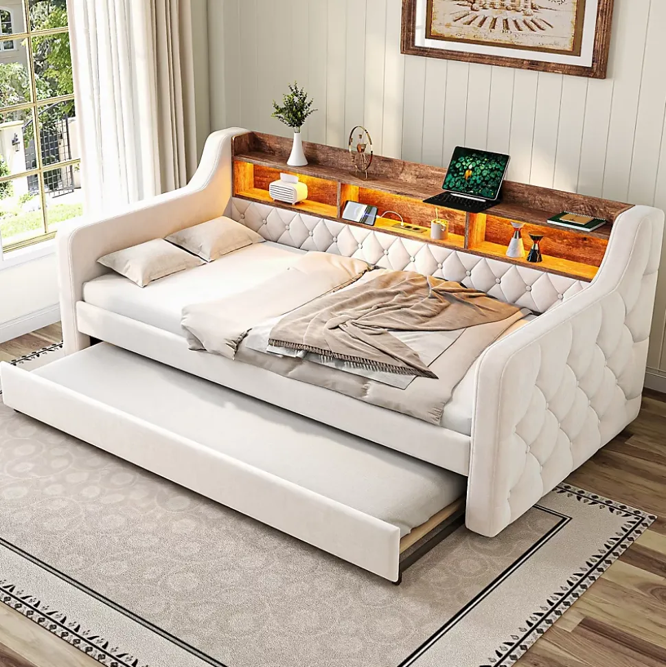 Lit Gigogne 90x190 cm Beige avec Rangement Intégré, Éclairage LED et Port USB, Tissu Velours