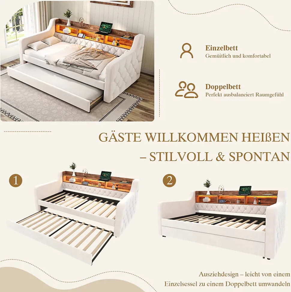 Lit Gigogne 90x190 cm Beige avec Rangement Intégré, Éclairage LED et Port USB, Tissu Velours