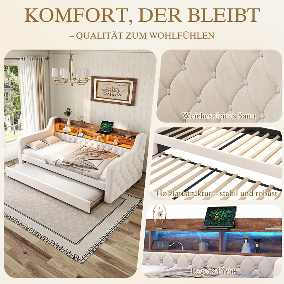 Lit Gigogne 90x190 cm Beige avec Rangement Intégré, Éclairage LED et Port USB, Tissu Velours