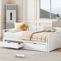 Lit Gigogne 90/180x190 cm Bois Blanc avec Tiroirs et Lit Sur Roulettes, Multifonction pour Chambre enfant, Blanc
