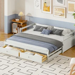 Lit Gigogne 90/180x190 cm Bois Blanc avec Tiroirs et Sommier À Lattes, Multifonction pour Chambre enfant, Blanc