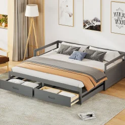 Lit Gigogne 90/180x190 cm Bois Gris avec Tiroirs et Sommier À Lattes, Multifonction pour Chambre enfant, Gris