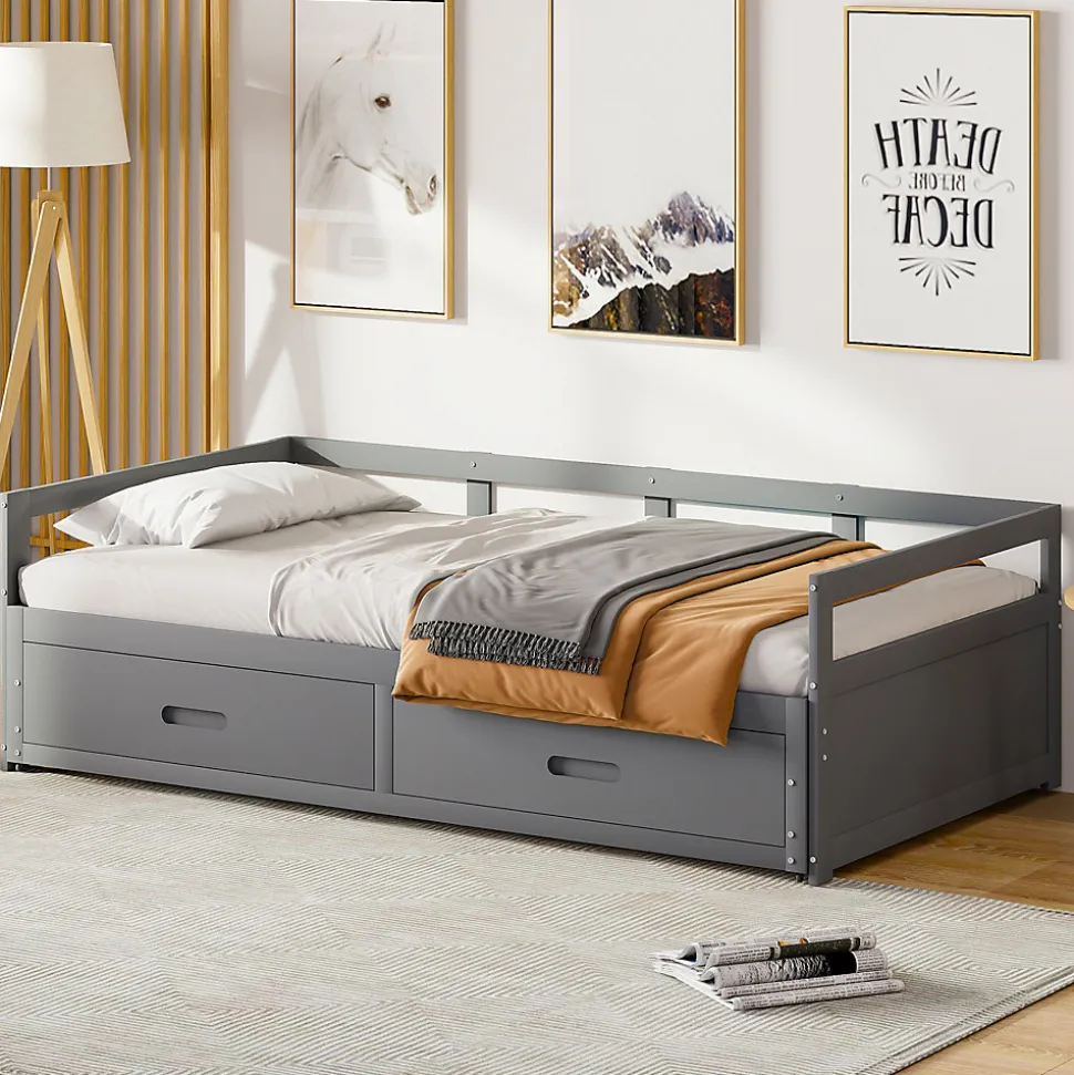 Lit Gigogne 90/180x190 cm Bois Gris avec Tiroirs et Sommier À Lattes, Multifonction pour Chambre enfant, Gris