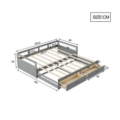 Lit Gigogne 90/180x190 cm Bois Gris avec Tiroirs et Sommier À Lattes, Multifonction pour Chambre enfant, Gris