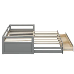 Lit Gigogne 90/180x190 cm Bois Gris avec Tiroirs et Sommier À Lattes, Multifonction pour Chambre enfant, Gris