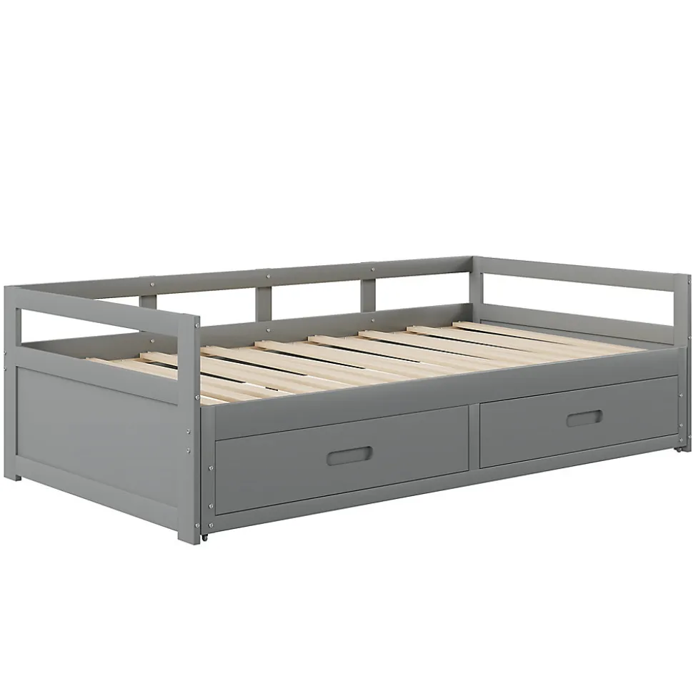 Lit Gigogne 90/180x190 cm Bois Gris avec Tiroirs et Sommier À Lattes, Multifonction pour Chambre enfant, Gris