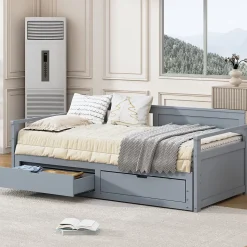 Lit Gigogne 90/180x190 cm Bois Gris avec Tiroirs et Lit Sur Roulettes, Multifonction pour Chambre enfant, Gris