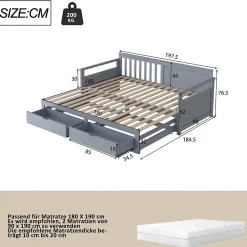 Lit Gigogne 90/180x190 cm Bois Gris avec Tiroirs et Lit Sur Roulettes, Multifonction pour Chambre enfant, Gris