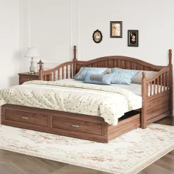 Lit Gigogne 90/180x190 cm Bois Massif avec Tiroir et Sommier À Lattes, Multifonction pour Chambre enfant Ou Ado, Noyer