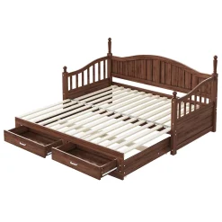 Lit Gigogne 90/180x190 cm Bois Massif avec Tiroir et Sommier À Lattes, Multifonction pour Chambre enfant Ou Ado, Noyer