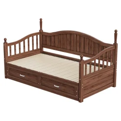 Lit Gigogne 90/180x190 cm Bois Massif avec Tiroir et Sommier À Lattes, Multifonction pour Chambre enfant Ou Ado, Noyer