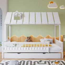 Lit Gigogne 120x200 cm Cabane enfant avec Tiroirs Rangement, Toit Cheminée, Protection Anti-Chute, Bois, Blanc, Sans Matelas