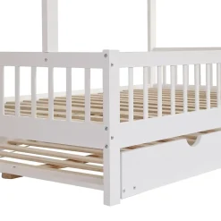 Lit Gigogne 120x200 cm Cabane enfant avec Tiroirs Rangement, Toit Cheminée, Protection Anti-Chute, Bois, Blanc, Sans Matelas