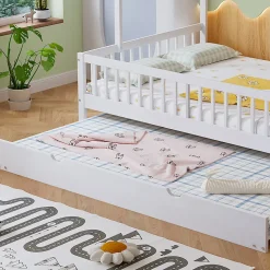 Lit Gigogne 120x200 cm Cabane enfant avec Tiroirs Rangement, Toit Cheminée, Protection Anti-Chute, Bois, Blanc, Sans Matelas