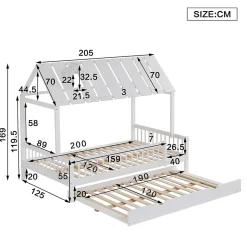Lit Gigogne 120x200 cm Cabane enfant avec Tiroirs Rangement, Toit Cheminée, Protection Anti-Chute, Bois, Blanc, Sans Matelas