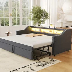 Lit Gigogne 90/180x190 cm capitonné - avec Led, Usb et Rangement, Sans Matelas, en Tissu Gris Foncé