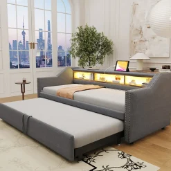 Lit Gigogne 90/180x190 cm capitonné - avec Led, Usb et Rangement, Sans Matelas, en Tissu Gris Foncé