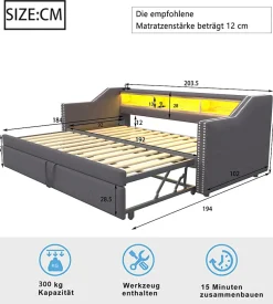 Lit Gigogne 90/180x190 cm capitonné - avec Led, Usb et Rangement, Sans Matelas, en Tissu Gris Foncé