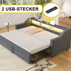 Lit Gigogne 90/180x190 cm capitonné - avec Led, Usb et Rangement, Sans Matelas, en Tissu Gris Foncé