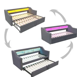 Lit Gigogne 90/180x190 cm capitonné - avec Led, Usb et Rangement, Sans Matelas, en Tissu Gris Foncé