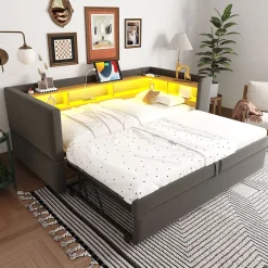 Lit gigogne 90/180x190 cm capitonné avec tiroirs, espaces de rangement, éclairage LED et prises intégrées - gris foncé