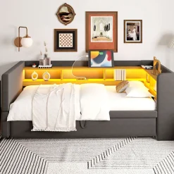 Lit gigogne 90/180x190 cm capitonné avec tiroirs, espaces de rangement, éclairage LED et prises intégrées - gris foncé