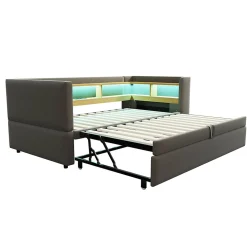 Lit gigogne 90/180x190 cm capitonné avec tiroirs, espaces de rangement, éclairage LED et prises intégrées - gris foncé