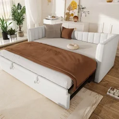 Lit gigogne 90x200 cm capitonné extensible 180x200 cm avec tiroir et sommier - 2 couchages - velours blanc - sans matelas