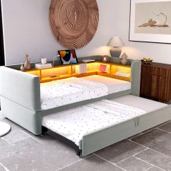 Lit Gigogne 90/180x190 cm Convertible avec LED et Prise USB, Rangement sous le Lit, Tissu Flanelle Gris Clair, Sans Matelas