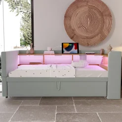 Lit Gigogne 90/180x190 cm Convertible avec LED et Prise USB, Rangement sous le Lit, Tissu Flanelle Gris Clair, Sans Matelas