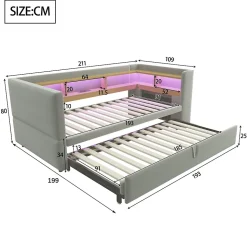 Lit Gigogne 90/180x190 cm Convertible avec LED et Prise USB, Rangement sous le Lit, Tissu Flanelle Gris Clair, Sans Matelas