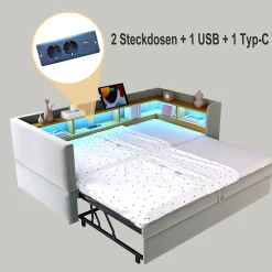 Lit Gigogne 90/180x190 cm Convertible avec LED et Prise USB, Rangement sous le Lit, Tissu Flanelle Gris Clair, Sans Matelas