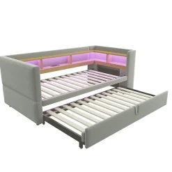 Lit Gigogne 90/180x190 cm Convertible avec LED et Prise USB, Rangement sous le Lit, Tissu Flanelle Gris Clair, Sans Matelas