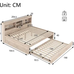 Lit gigogne 140x200 cm double avec tiroir coulissant, LED télécommandée, ports USB, prise électrique et rangement - bois naturel