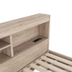 Lit gigogne 140x200 cm double avec tiroir coulissant, LED télécommandée, ports USB, prise électrique et rangement - bois naturel