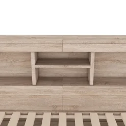 Lit gigogne 140x200 cm double avec tiroir coulissant, LED télécommandée, ports USB, prise électrique et rangement - bois naturel