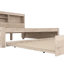 Lit gigogne 140x200 cm double avec tiroir coulissant, LED télécommandée, ports USB, prise électrique et rangement - bois naturel