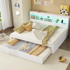 Lit gigogne 140x200 cm double avec tiroir coulissant, LED télécommandée, ports USB, prise électrique et rangement - blanc