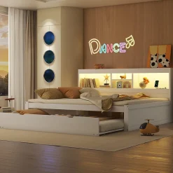 Lit gigogne 140x200 cm double avec tiroir coulissant, LED télécommandée, ports USB, prise électrique et rangement - blanc